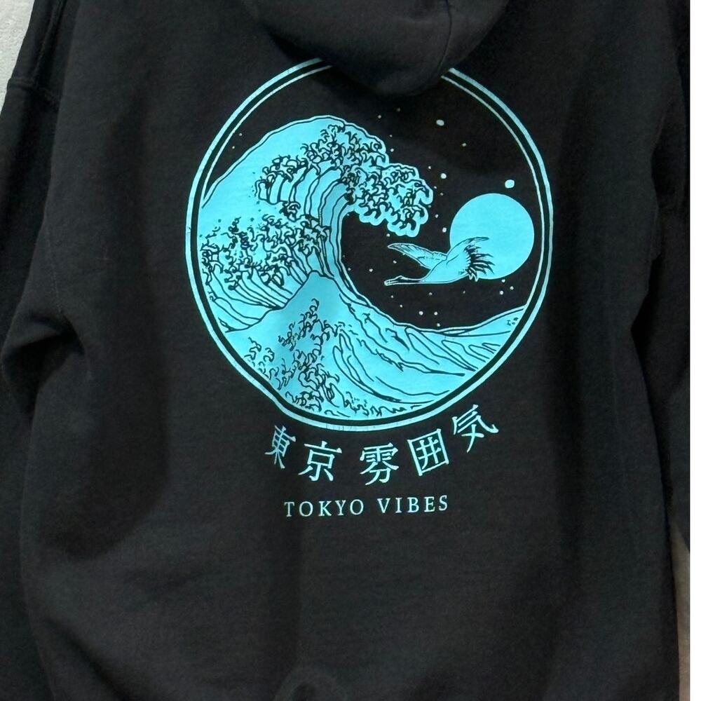 Y2K Japanese Great Wave Hoodie Tokyo Vibes Black Graphic Streetwear Men's Medium